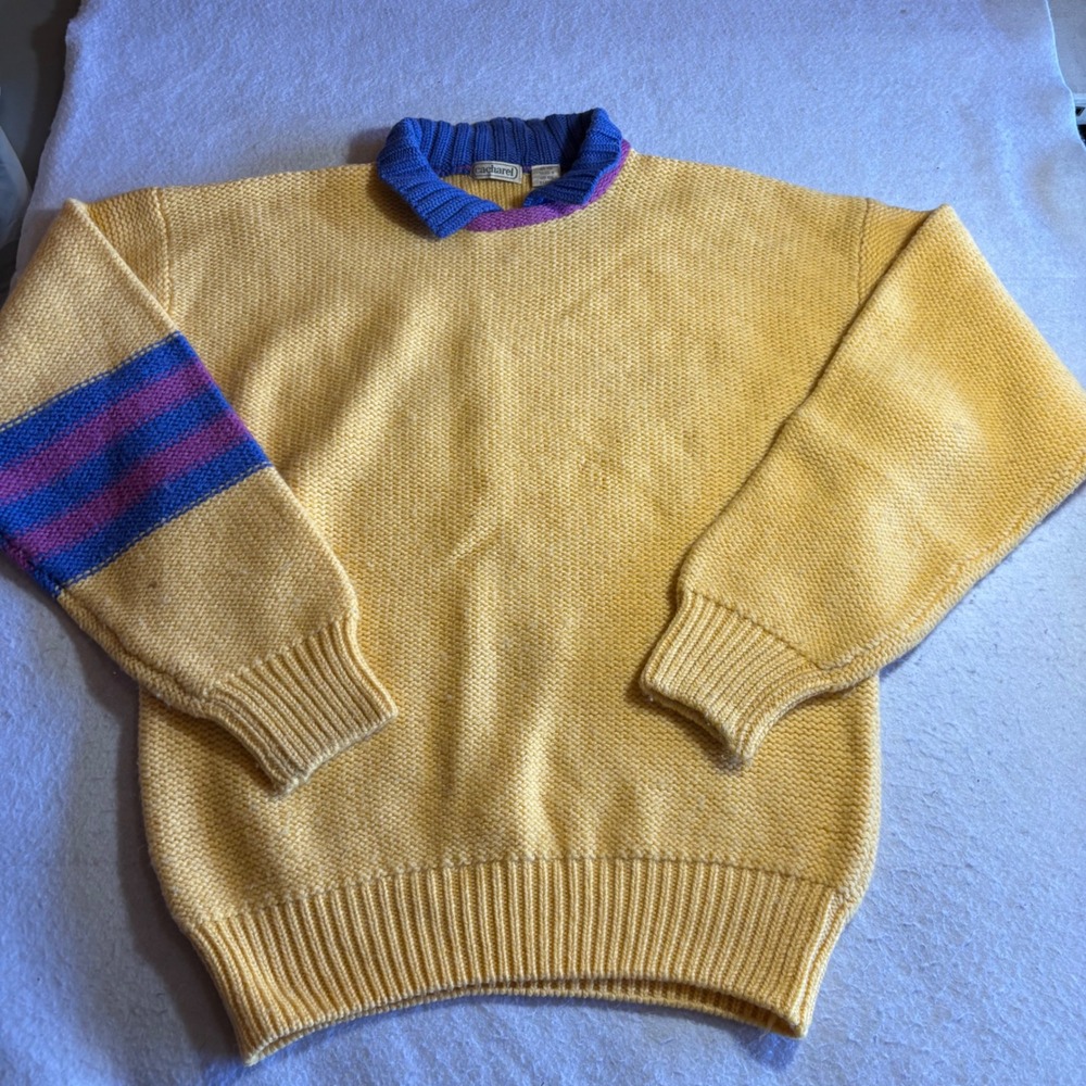 Cacharel Mens XL Yellow 100%‎ Wool Chunky Knit Pullover Sweater Vintage 6813